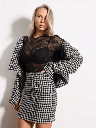 Прямая юбка-мини из твида с принтом гусиная лапка